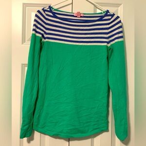 Lilly Pulitzer Maria Boatneck Striped Long Sleeve Pullover Blue Green & White